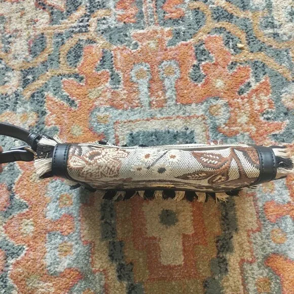 SPARTINA 449 Cordelia Clutch Tan Linen Black Leather Brown Embroidery Fringe - Picture 3 of 8